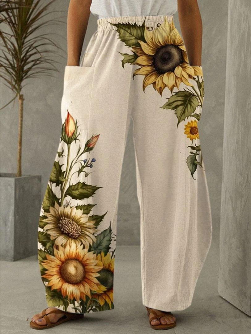 Women's Casual Wide Leg Trousers, Thin Loose Pants With Retro Floral 3D Print