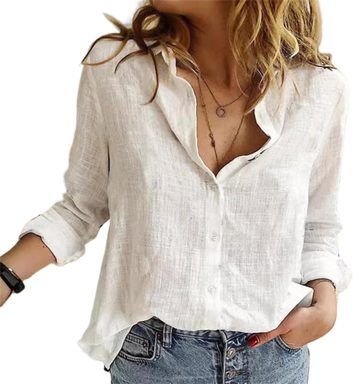 Womens V Neck, Long Roll up Sleeve Button Down Blouses Tops Solid Cotton Linen Casual Shirts