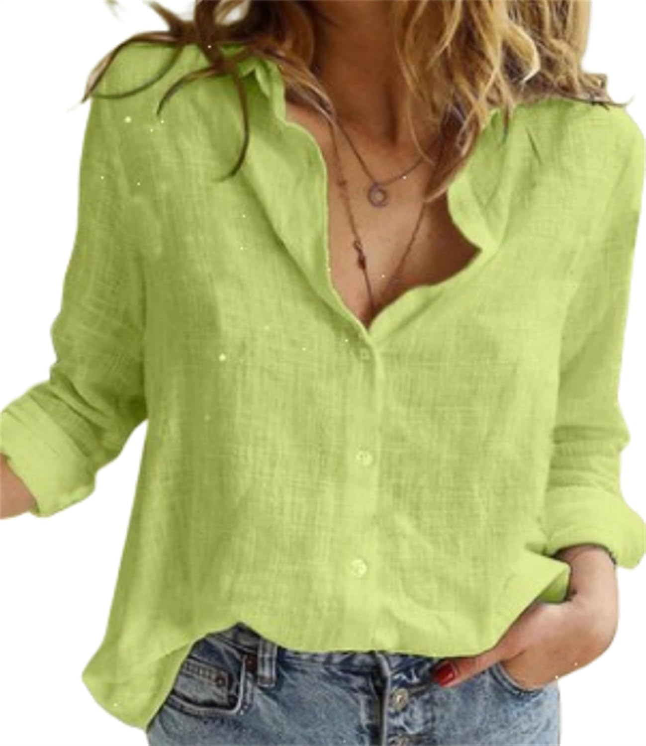 Womens V Neck, Long Roll up Sleeve Button Down Blouses Tops Solid Cotton Linen Casual Shirts