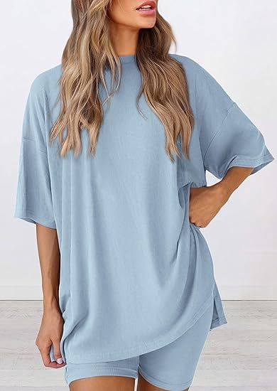 PRETTYGARDEN Women's Two Piece Lounge Set Summer Casual Oversized Shirts Biker Shorts Matching Airport Travel Outfit