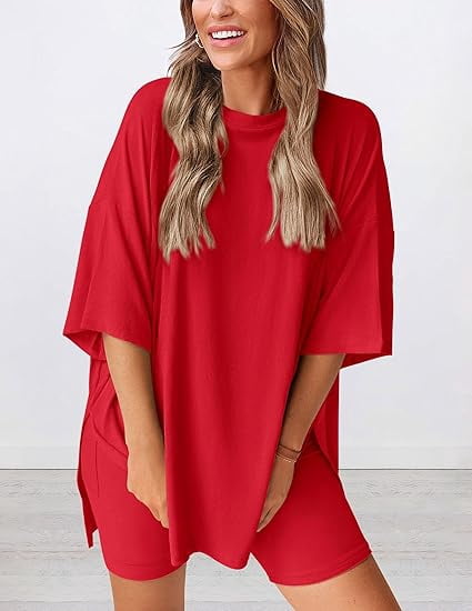 PRETTYGARDEN Women's Two Piece Lounge Set Summer Casual Oversized Shirts Biker Shorts Matching Airport Travel Outfit