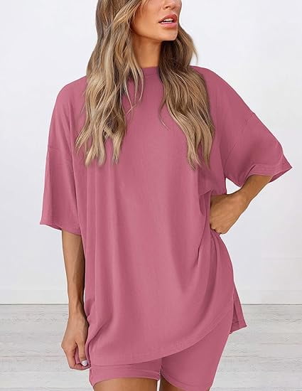 PRETTYGARDEN Women's Two Piece Lounge Set Summer Casual Oversized Shirts Biker Shorts Matching Airport Travel Outfit