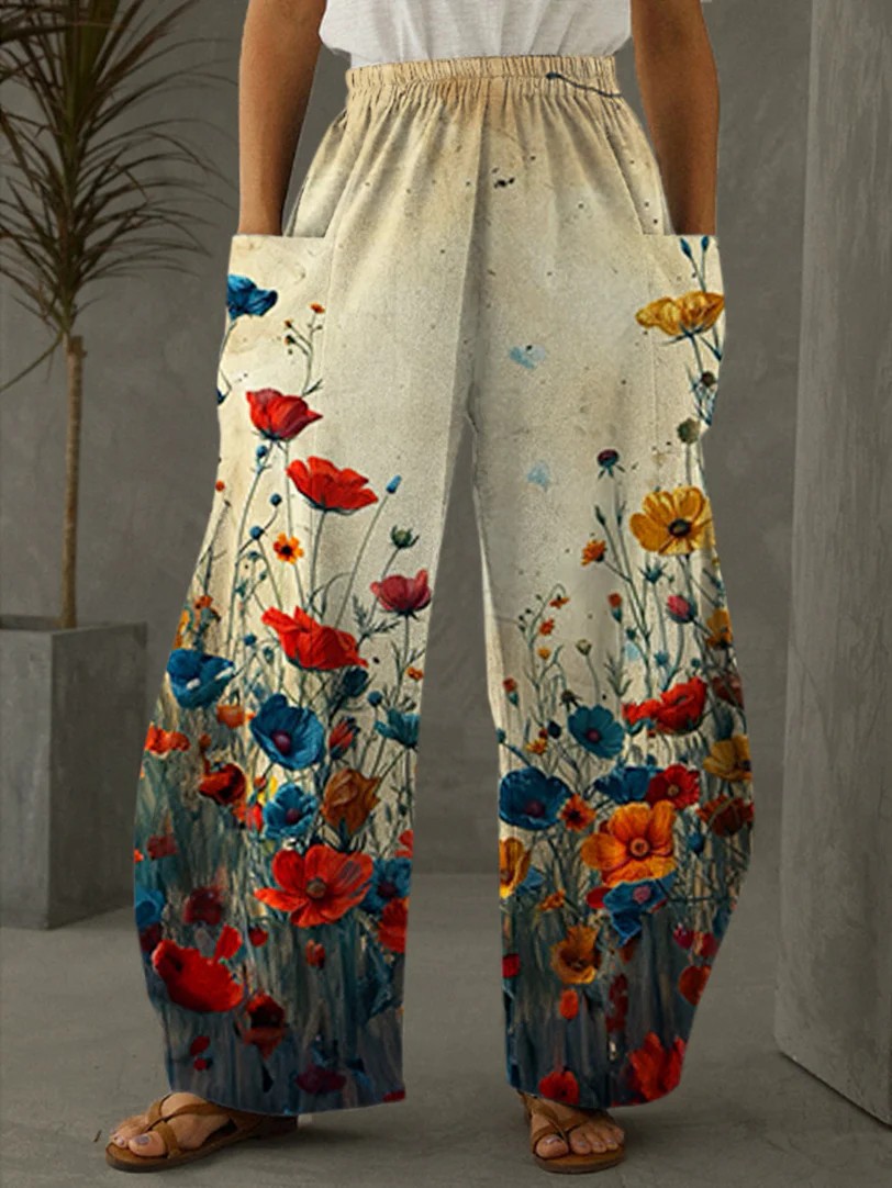 Women's Casual Wide Leg Trousers, Thin Loose Pants With Retro Floral 3D Print