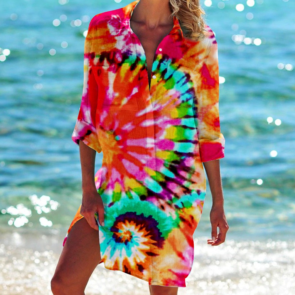Women's Printed Vacation Beach Shirt, Bikini Cover Up, Swimsuit Cardigan