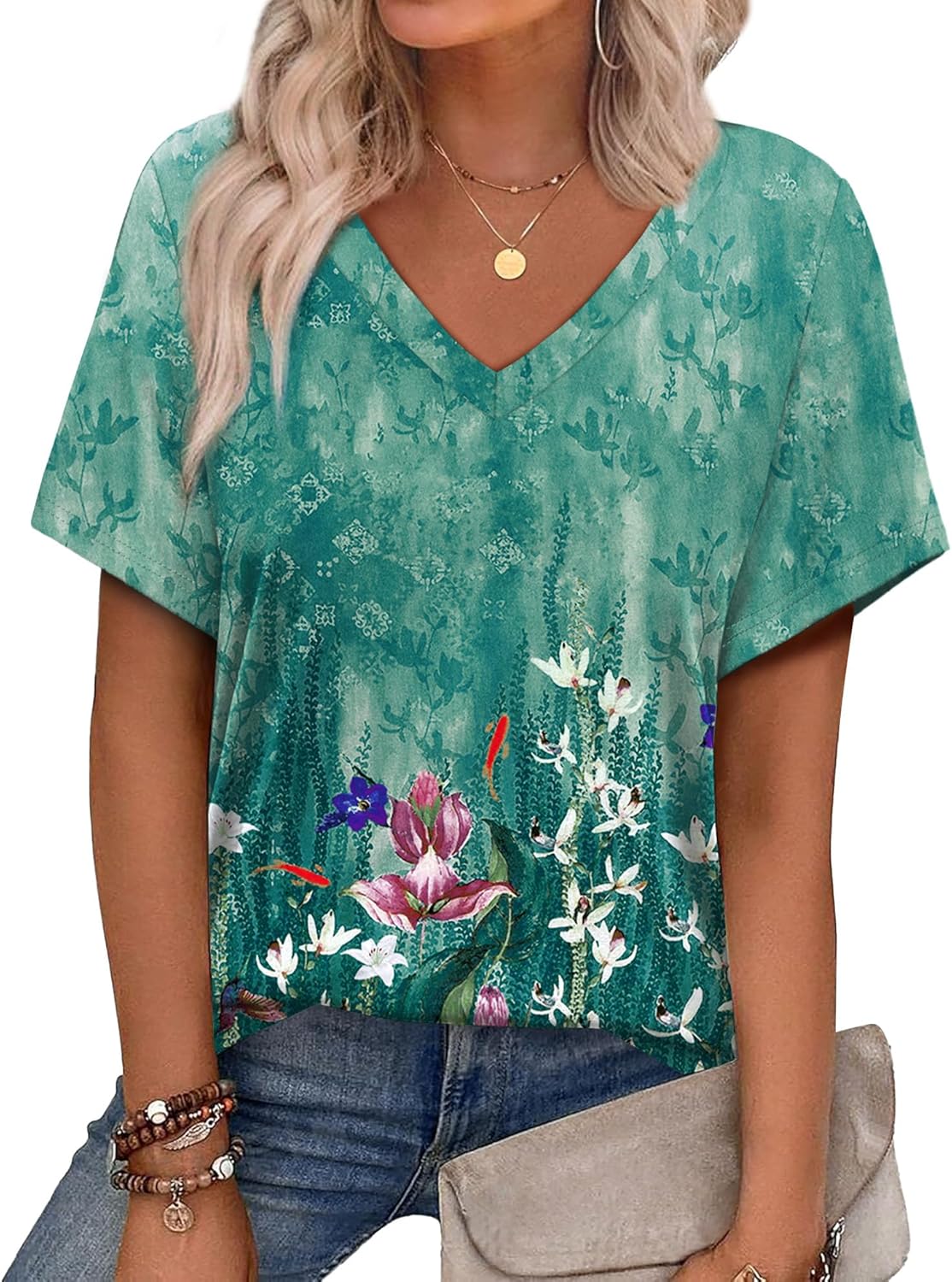 Alaroo Womens Summer Tops 2026 V Neck Short Sleeve Shirts Trendy Dressy Casual Vacation Outfits Printed
