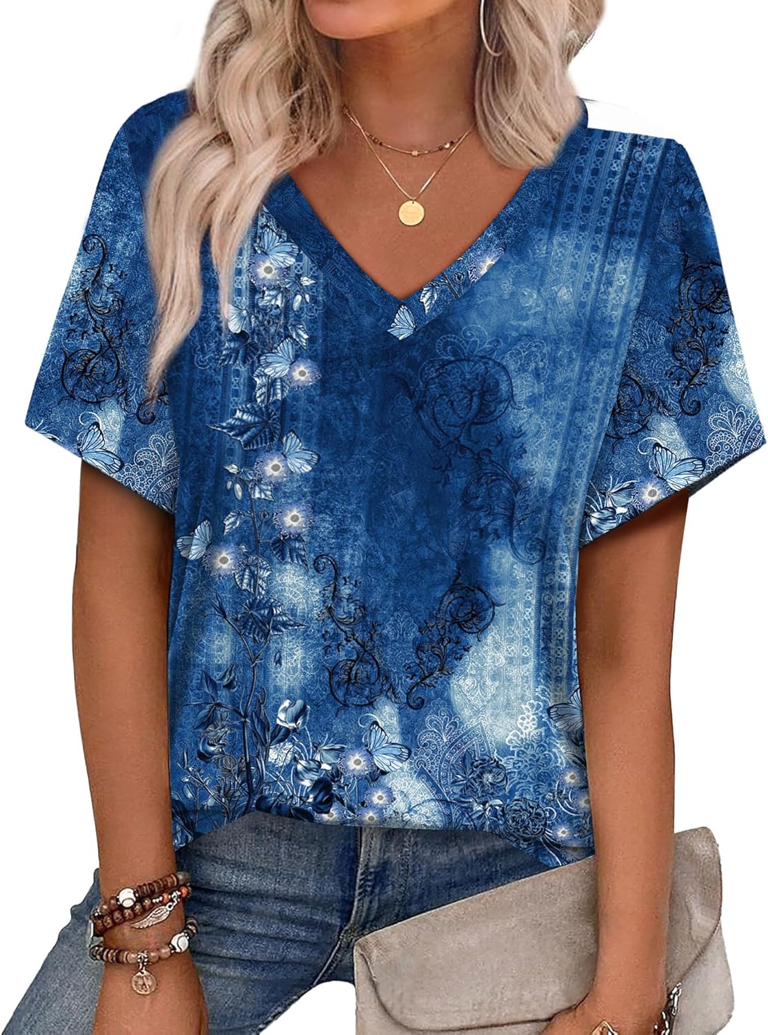 Alaroo Womens Summer Tops 2026 V Neck Short Sleeve Shirts Trendy Dressy Casual Vacation Outfits Printed