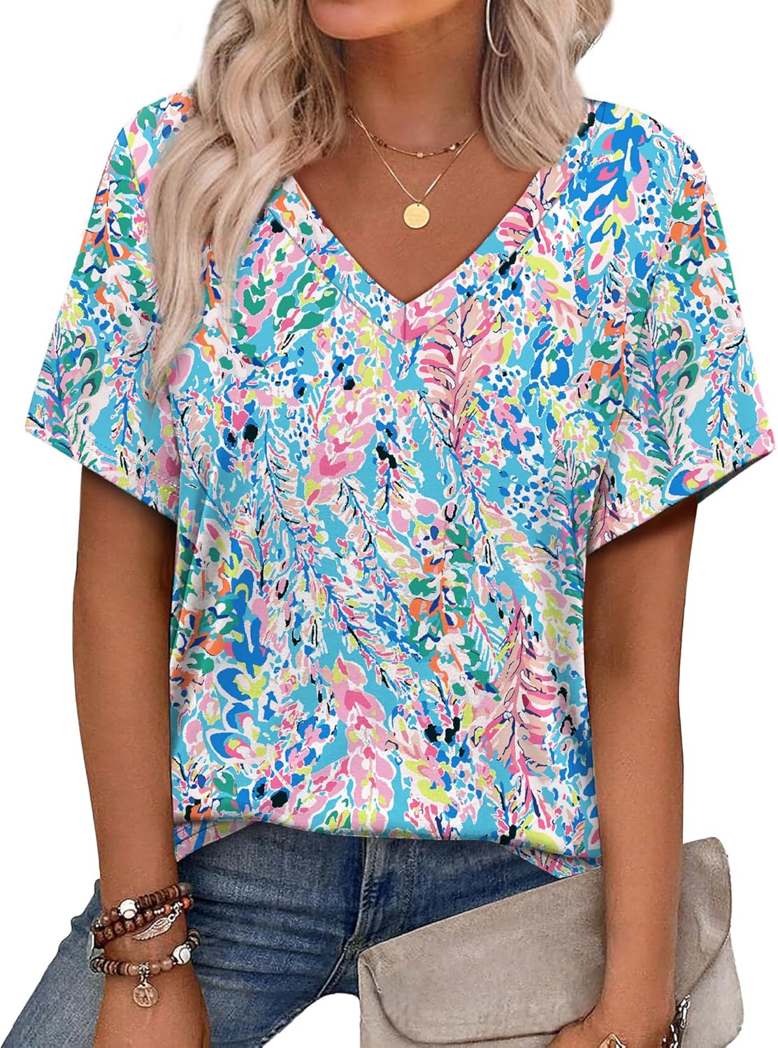 Alaroo Womens Summer Tops 2026 V Neck Short Sleeve Shirts Trendy Dressy Casual Vacation Outfits Printed