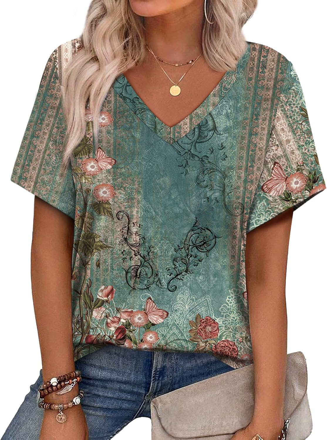 Alaroo Womens Summer Tops 2026 V Neck Short Sleeve Shirts Trendy Dressy Casual Vacation Outfits Printed
