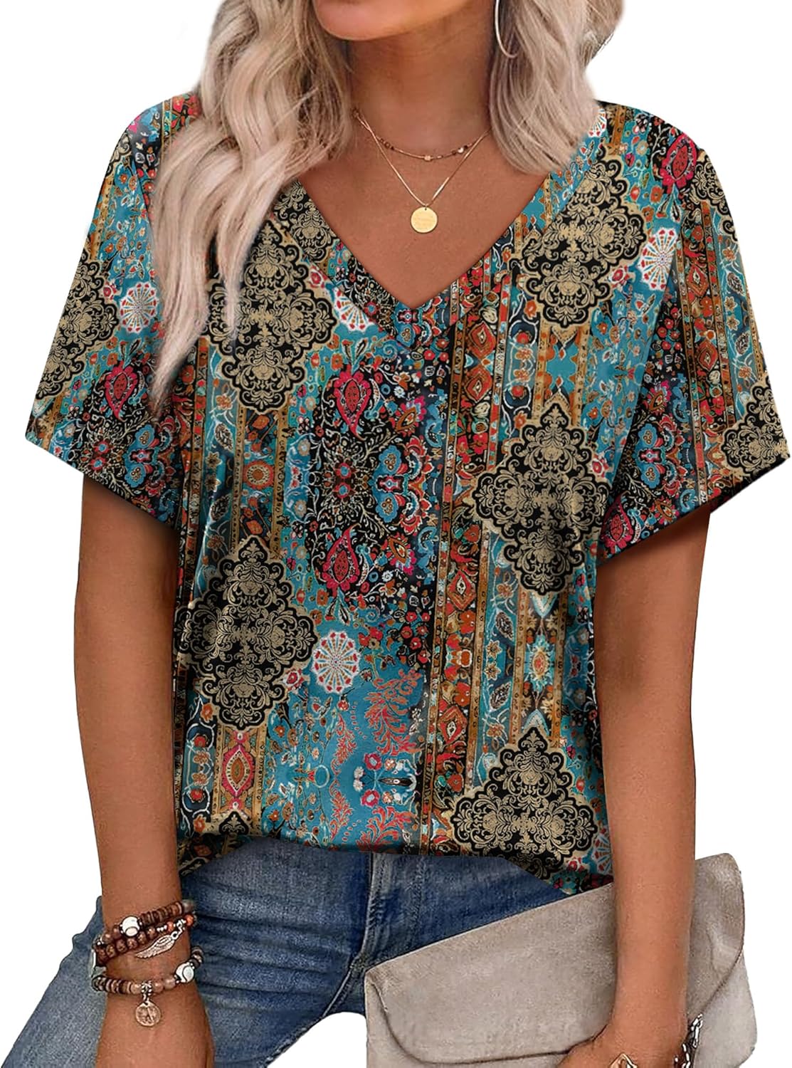 Alaroo Womens Summer Tops 2026 V Neck Short Sleeve Shirts Trendy Dressy Casual Vacation Outfits Printed