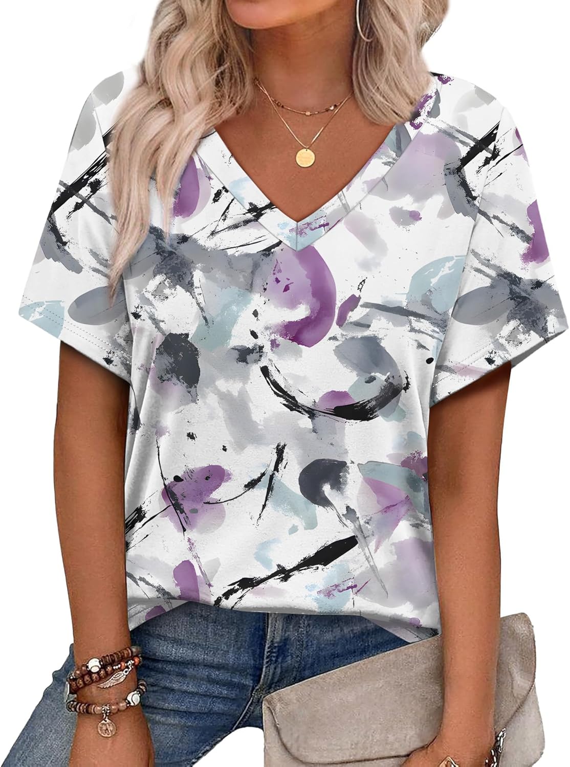 Alaroo Womens Summer Tops 2026 V Neck Short Sleeve Shirts Trendy Dressy Casual Vacation Outfits Printed
