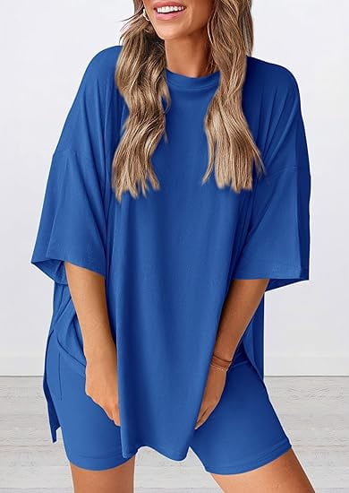 PRETTYGARDEN Women's Two Piece Lounge Set Summer Casual Oversized Shirts Biker Shorts Matching Airport Travel Outfit