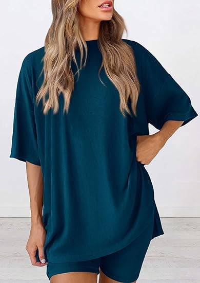 PRETTYGARDEN Women's Two Piece Lounge Set Summer Casual Oversized Shirts Biker Shorts Matching Airport Travel Outfit