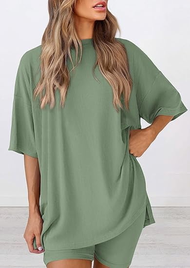 PRETTYGARDEN Women's Two Piece Lounge Set Summer Casual Oversized Shirts Biker Shorts Matching Airport Travel Outfit