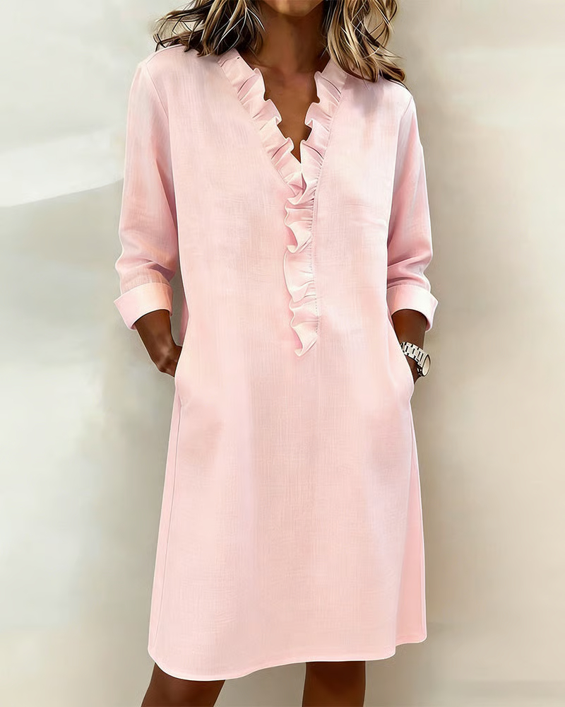 Ruffled V-Neck Solid Color Dress