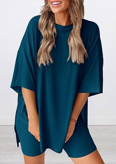 PRETTYGARDEN Women's Two Piece Lounge Set Summer Casual Oversized Shirts Biker Shorts Matching Airport Travel Outfit