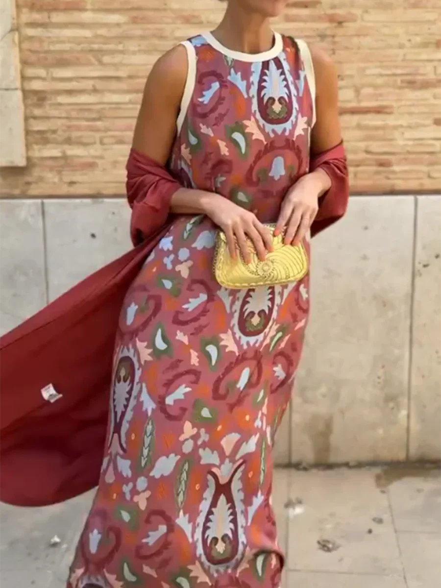Vintage Printed Two Piece Maxi Dress, Women Sleeveless Long Dress with Matching Lightweight Cardigan