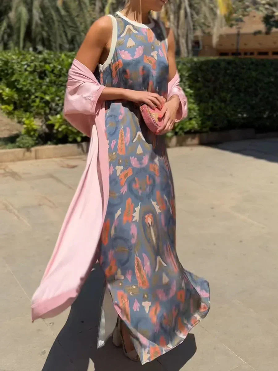 Vintage Printed Two Piece Maxi Dress, Women Sleeveless Long Dress with Matching Lightweight Cardigan