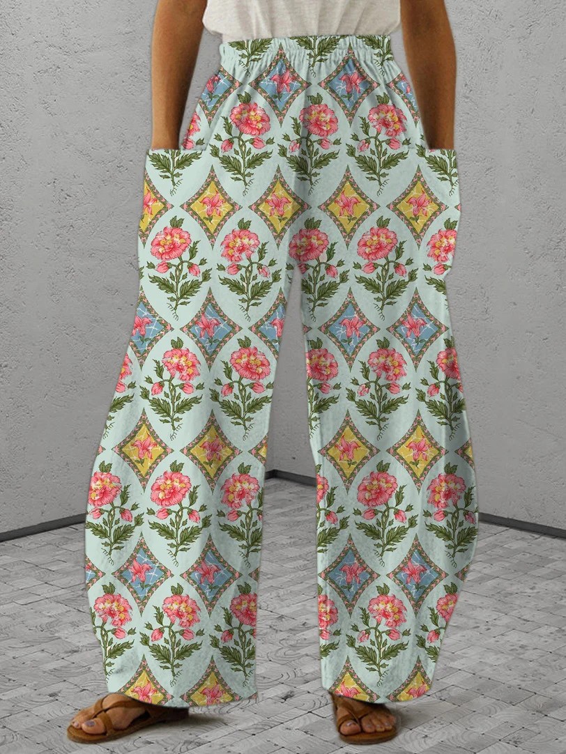 Women's Casual Wide Leg Trousers, Thin Loose Pants With Retro Floral 3D Print