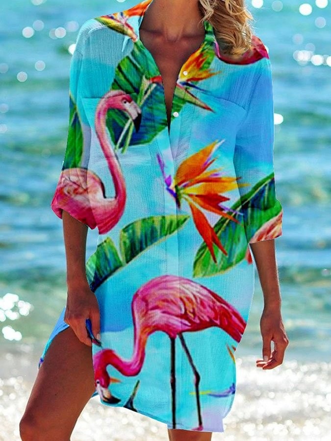 Women's Printed Vacation Beach Shirt, Bikini Cover Up, Swimsuit Cardigan