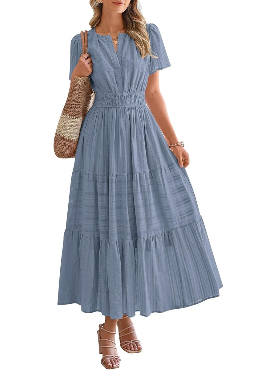 Womens Summer 2026 Casual Midi Maxi Dresses Lightweight Short Sleeve V Neck Elastic Waist Boho Beach Dress Pockets