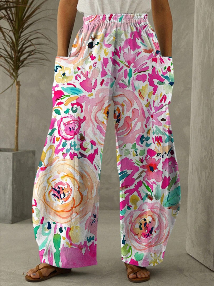 Women's Casual Wide Leg Trousers, Thin Loose Pants With Retro Floral 3D Print