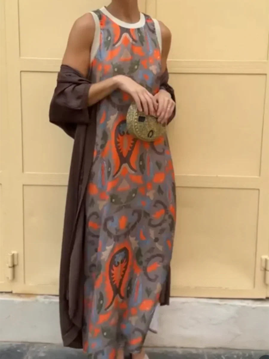 Vintage Printed Two Piece Maxi Dress, Women Sleeveless Long Dress with Matching Lightweight Cardigan