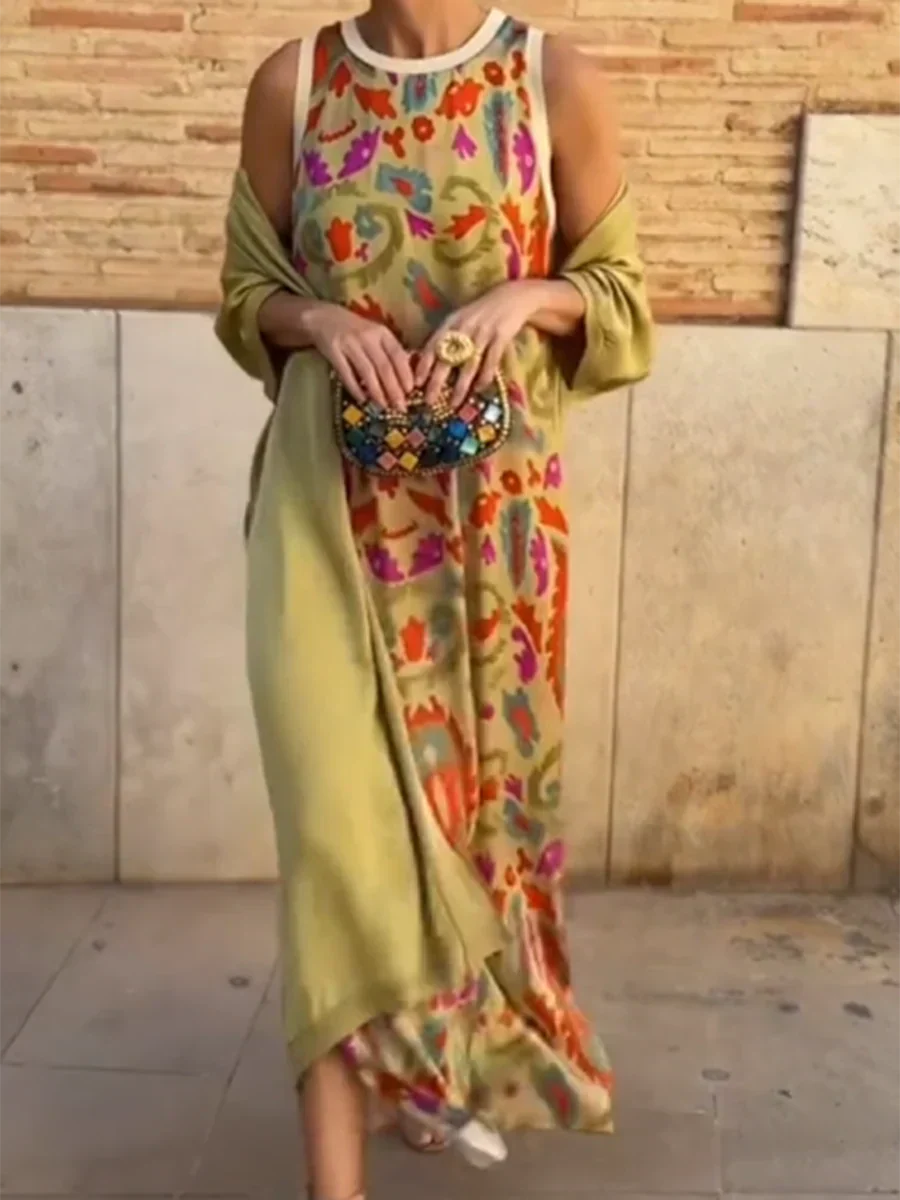 Vintage Printed Two Piece Maxi Dress, Women Sleeveless Long Dress with Matching Lightweight Cardigan