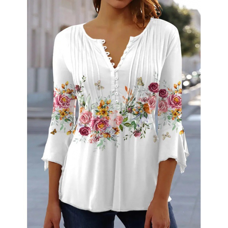 2025 Cross-Border European And American Spring And Summer Fashion New Women'S Floral Print V-Neck Short-Sleeved Pleated Button T-Shirt Bottoming Shirt