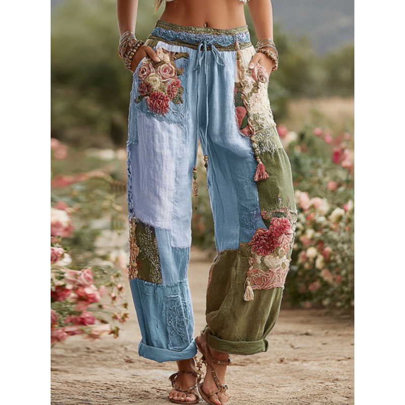 2026 American Halloween Cotton Linen Wide Leg Pants, Summer New Loose Versatile Cuffed Casual Trousers
