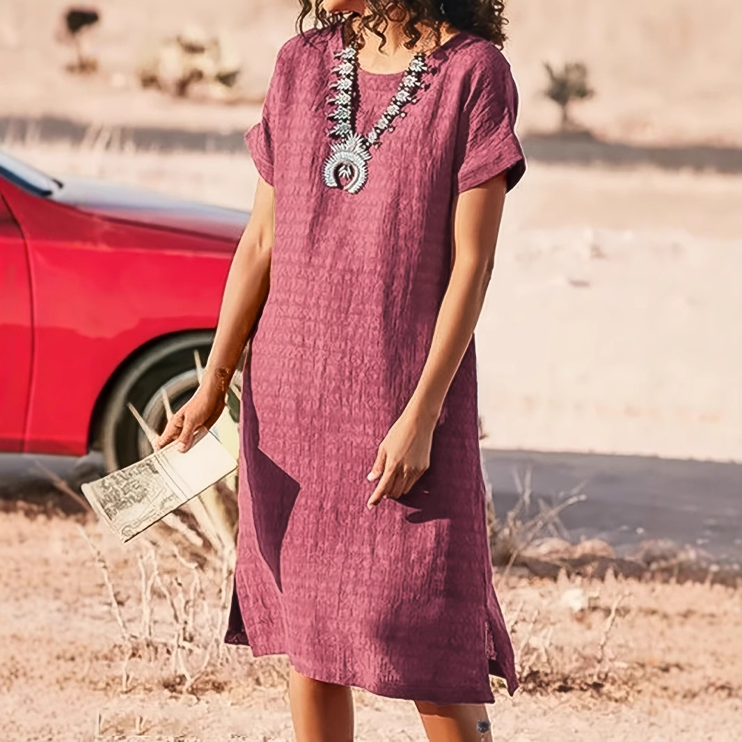 Women's Short Sleeve Casual Dress, Round Neck Side Slit Midi Dress