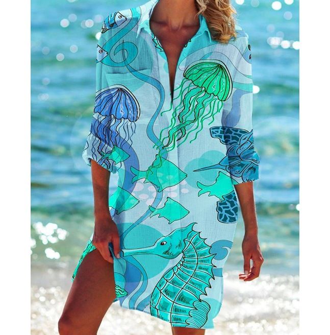 Women's Printed Vacation Beach Shirt, Bikini Cover Up, Swimsuit Cardigan
