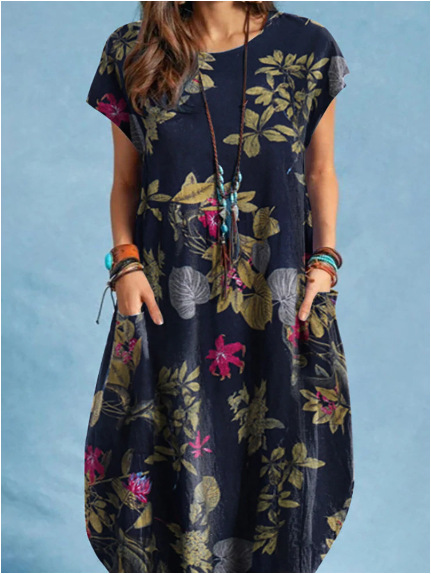 Women's Cotton Linen Floral Print Round Neck Pocket Irregular Hem Midi Dress