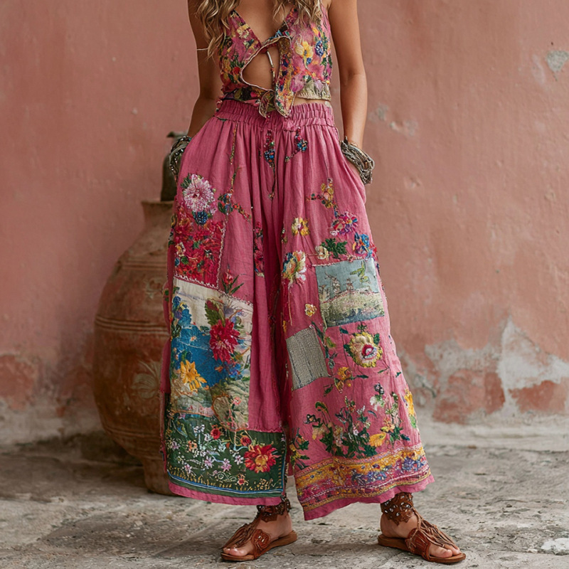 2026 American Halloween Cotton Linen Wide Leg Pants, Summer New Loose Versatile Cuffed Casual Trousers
