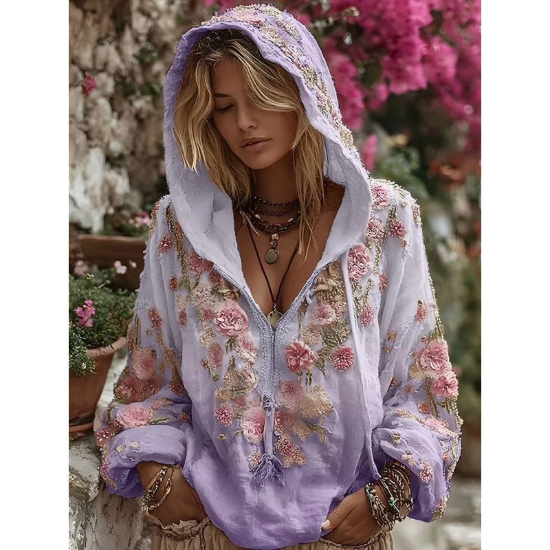 oded Zip Sweatshirt, Cherry Blossom Art Print Loose Four-Season Floral Top