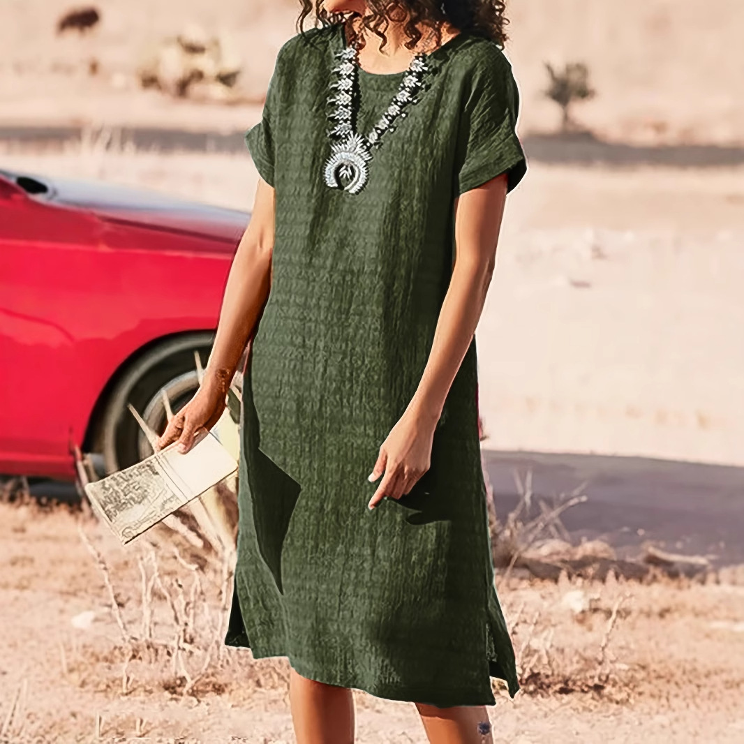 Women's Short Sleeve Casual Dress, Round Neck Side Slit Midi Dress