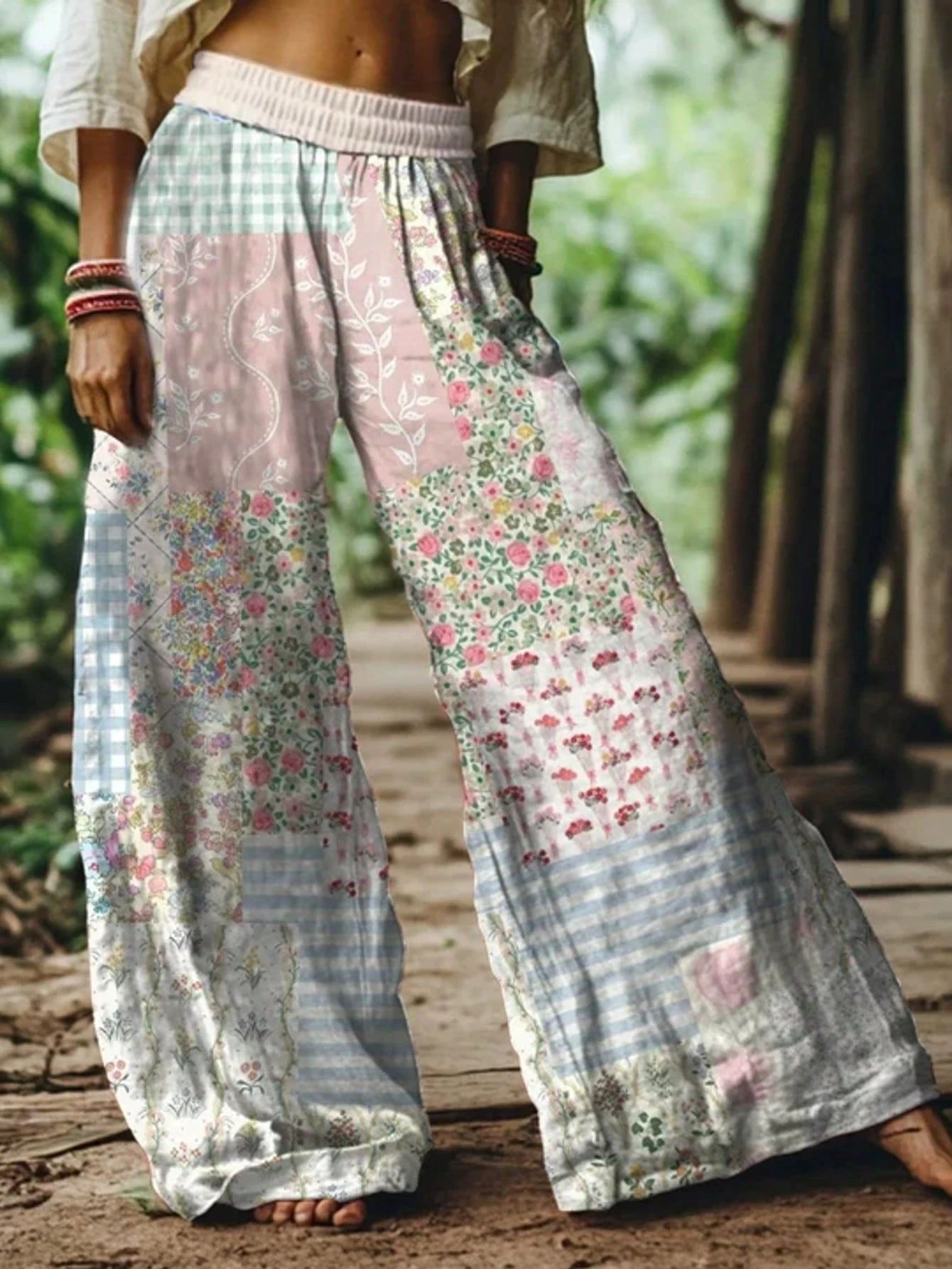 Bohemian Floral Wide Leg Pants, Draped Printed Trousers, Vacation Style Loose Straight Casual Pants