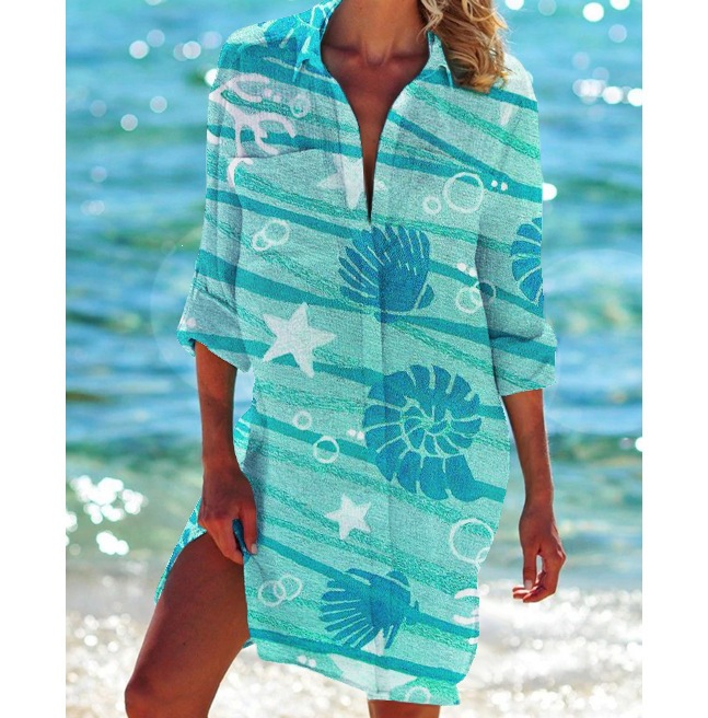 Women's Printed Vacation Beach Shirt, Bikini Cover Up, Swimsuit Cardigan