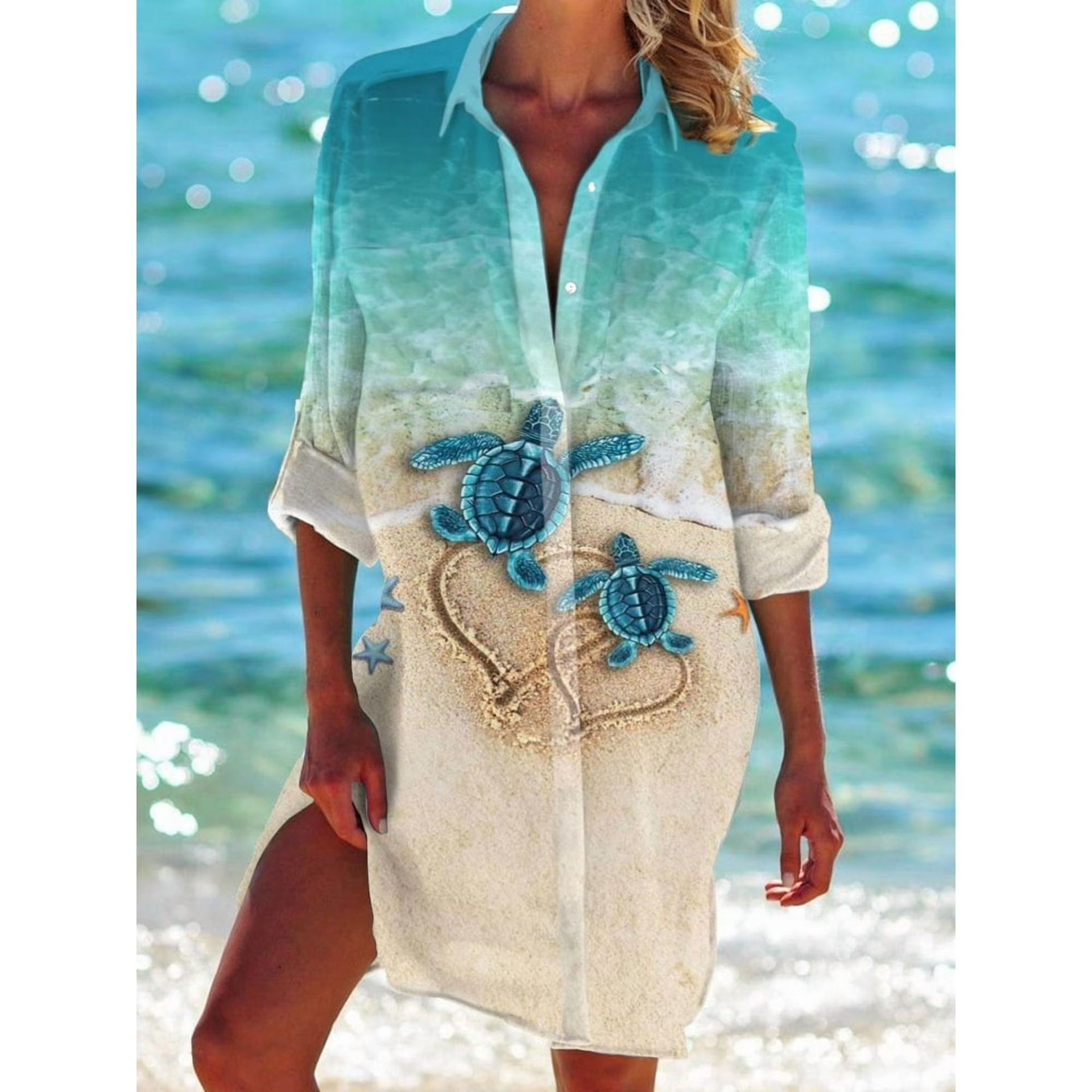 Women's Printed Vacation Beach Shirt, Bikini Cover Up, Swimsuit Cardigan