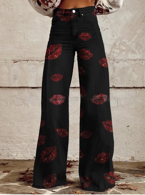 2026 Digital Printed Five-Pointed Star Fake Denim Women’S 3D Women’S Pants Flared Wide Leg Pants