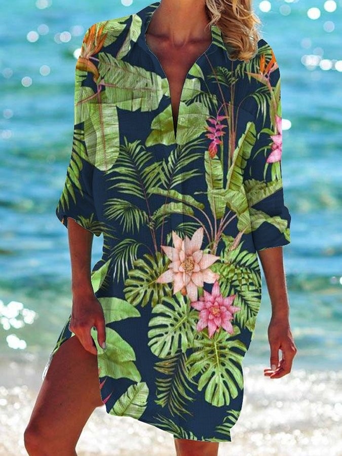 Women's Printed Vacation Beach Shirt, Bikini Cover Up, Swimsuit Cardigan