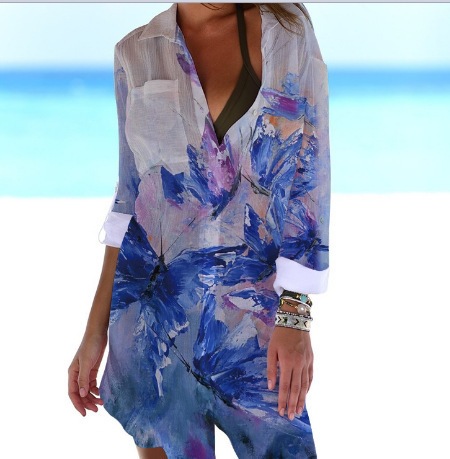 Women's Printed Vacation Beach Shirt, Bikini Cover Up, Swimsuit Cardigan