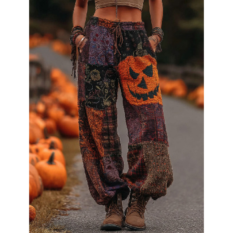 2026 American Halloween Cotton Linen Wide Leg Pants, Summer New Loose Versatile Cuffed Casual Trousers