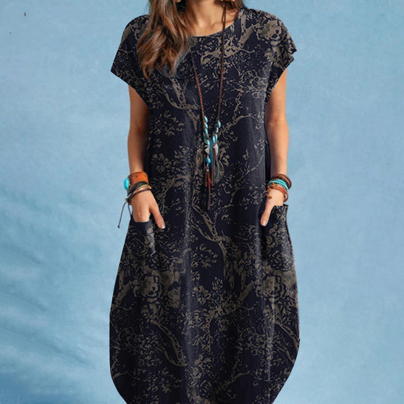 Women's Cotton Linen Floral Print Round Neck Pocket Irregular Hem Midi Dress