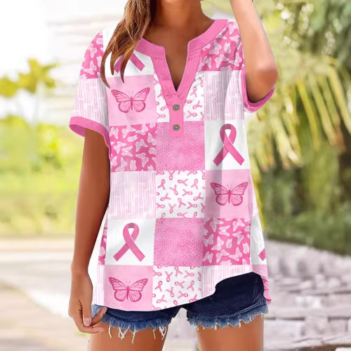 2026 Casual Short-Sleeved Women'S Summer Printed V-Neck Pullover 25-Year European And American Cross-Border New Style