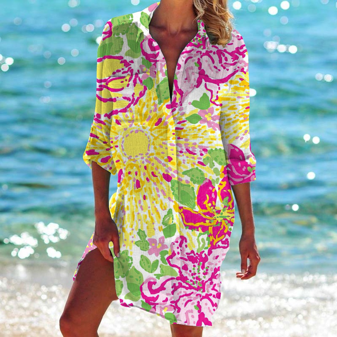 Women's Printed Vacation Beach Shirt, Bikini Cover Up, Swimsuit Cardigan