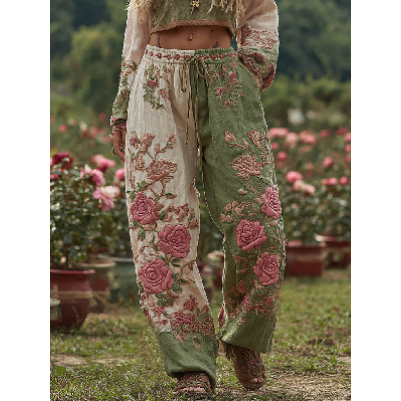 2026 American Halloween Cotton Linen Wide Leg Pants, Summer New Loose Versatile Cuffed Casual Trousers