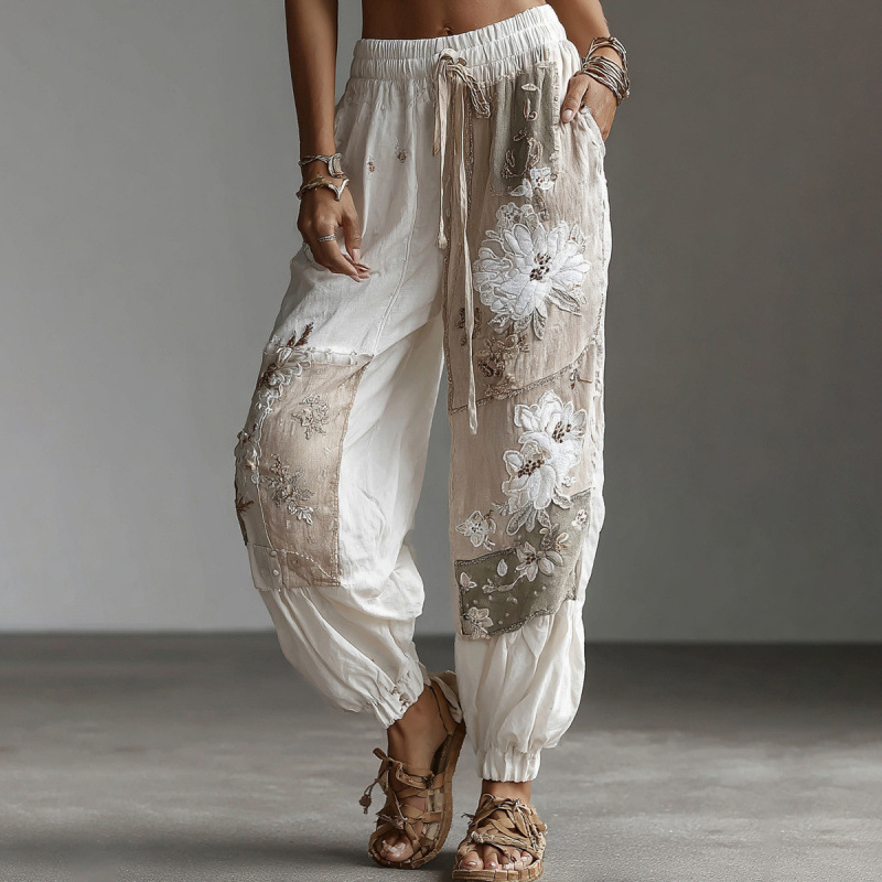 2026 American Halloween Cotton Linen Wide Leg Pants, Summer New Loose Versatile Cuffed Casual Trousers