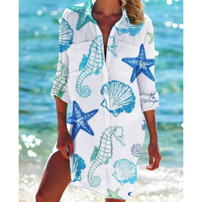 Women's Printed Vacation Beach Shirt, Bikini Cover Up, Swimsuit Cardigan
