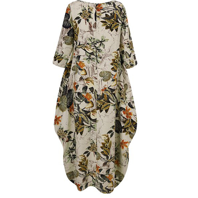 2026 New Cross-Border Large Size Women'S Cotton And Linen Printed National Style Retro Pullover Loose Round Neck Japanese And Korean Dress