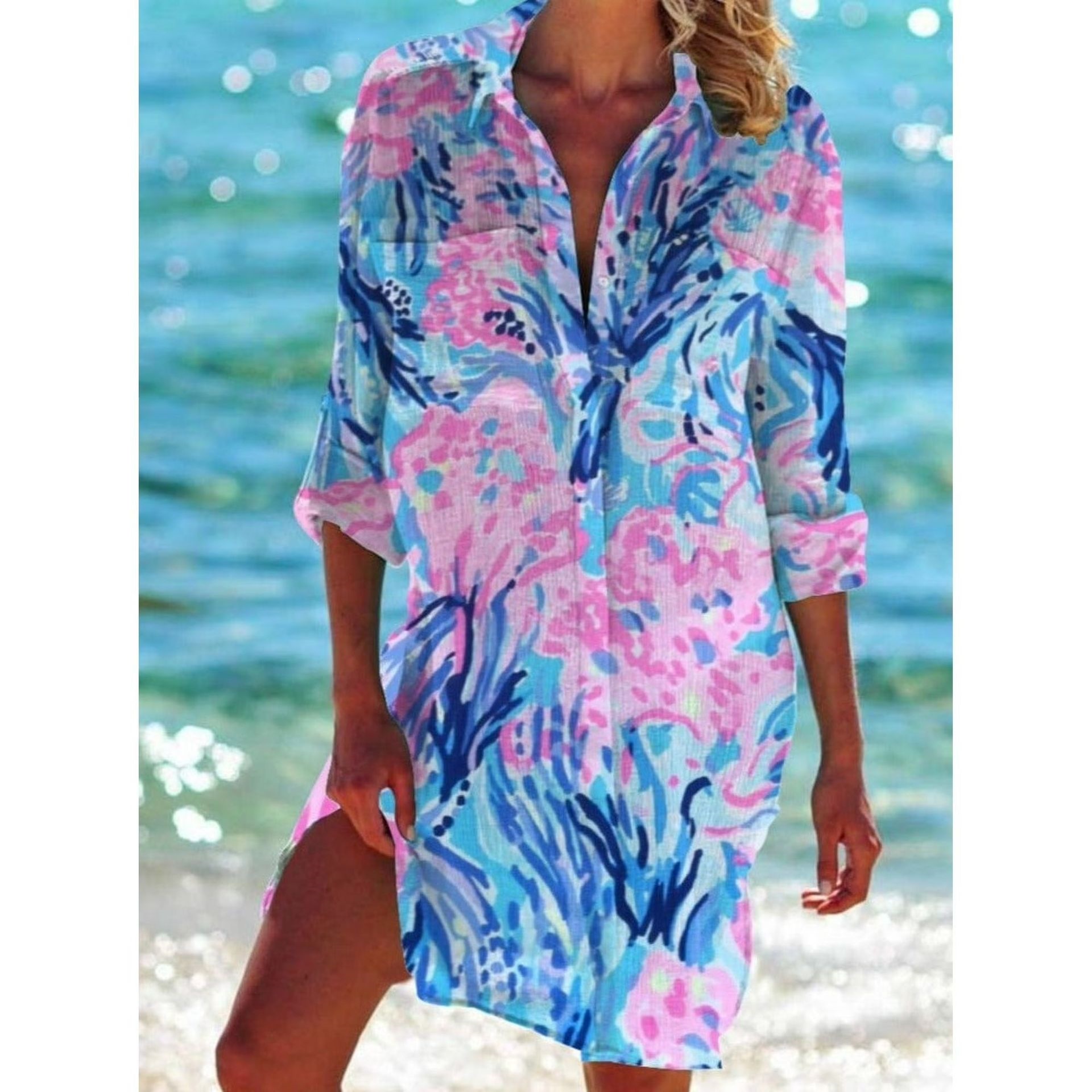 Women's Printed Vacation Beach Shirt, Bikini Cover Up, Swimsuit Cardigan